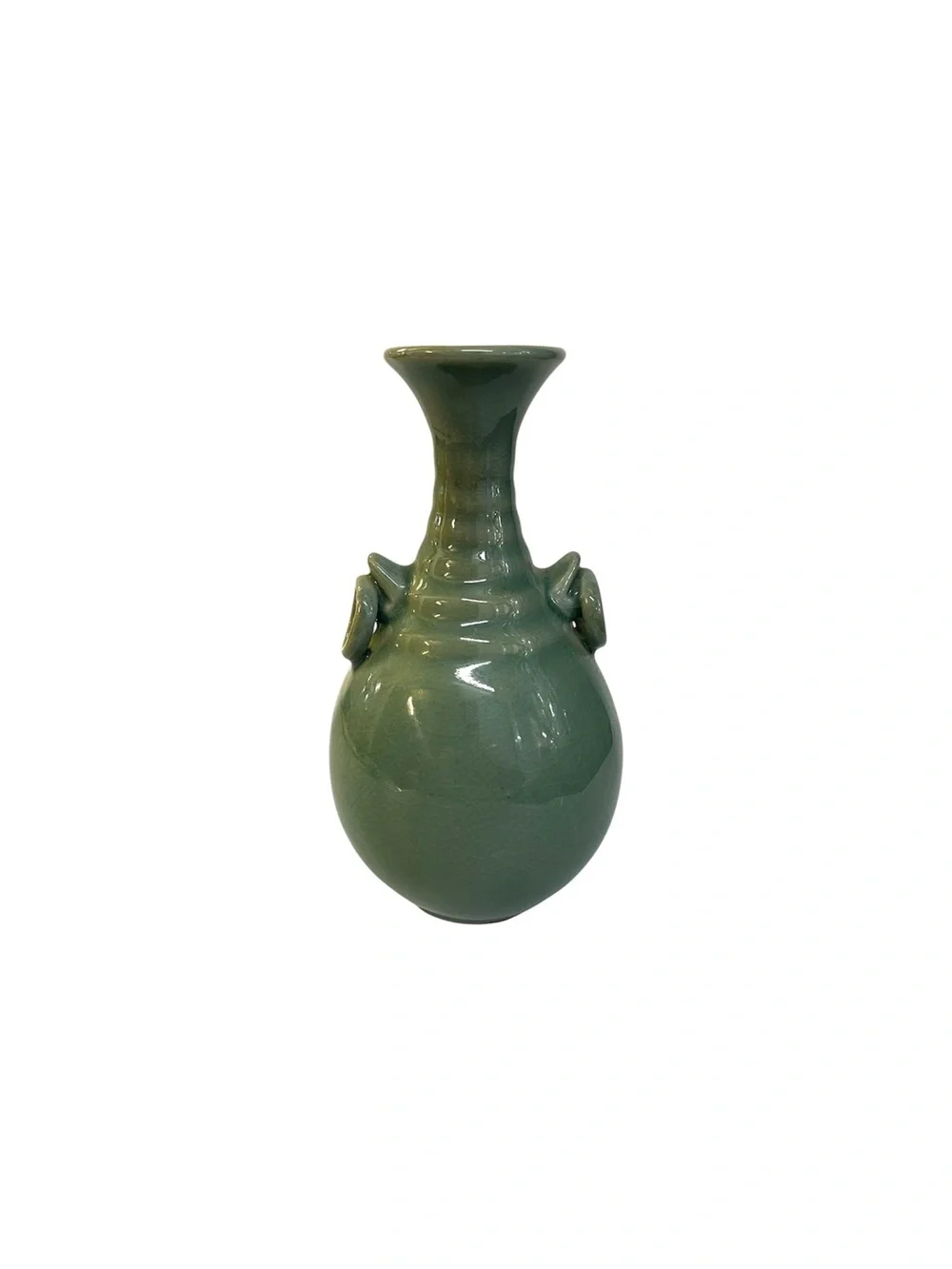 Signed Japanese Seiji Celadon Vase Flying Cranes Inlay Hakusei Mark Handles